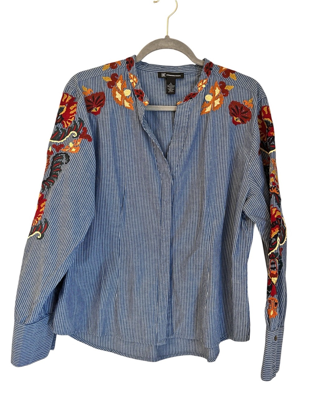INC International Concepts Blue Pinstriped Embroidered Blouse size L